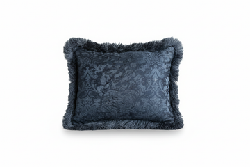 Dark navy damask cushion with fringe