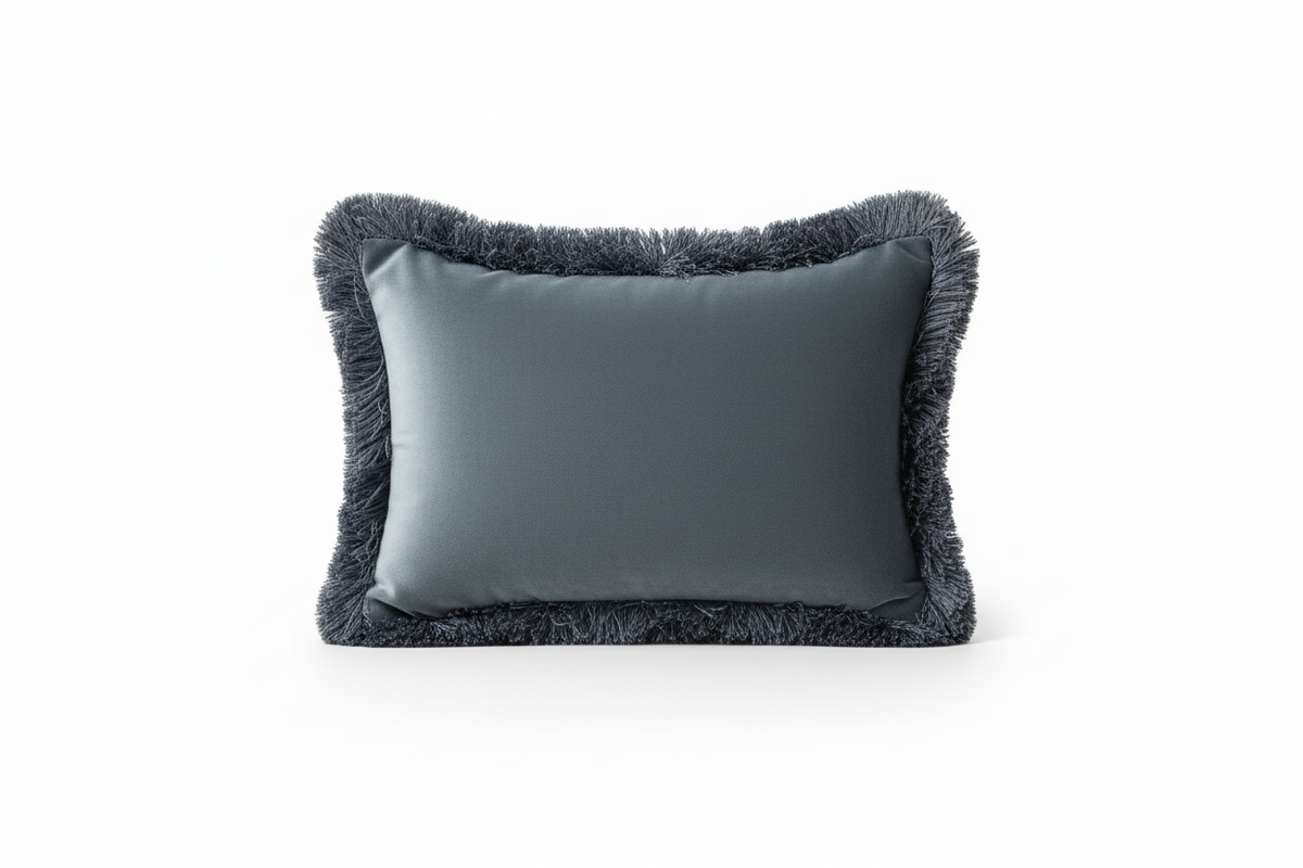 Grey velvet cushion with fringe - front-facing