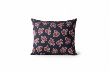 Navy cushion with coral-pink embroidered flowers